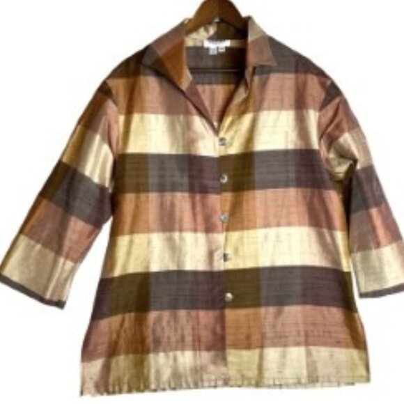 NIRA NIRA WOMENS VINTAGE 100% SILK PLAID TUNIC LOOSE FIT BLOUSE SIZE MED-USA - Picture 1 of 6